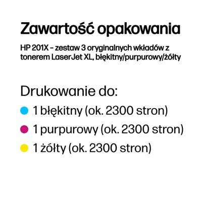 48. HP 201X – zestaw 3 oryginalnych wkładów z tonerem LaserJet XL, błękitny/purpurowy/żółty