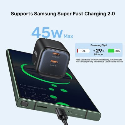 37. UNITEK ŁADOW. SIECIOWA 2X GAN 45W, 2XUSB-C PD 3.0, QC, CZARNA