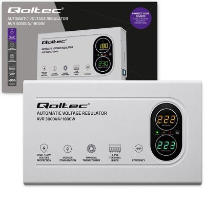9. Qoltec Automatyczny Stabilizator napięcia AVR 3000VA | 1800W | Compact | Toroidalny transformator