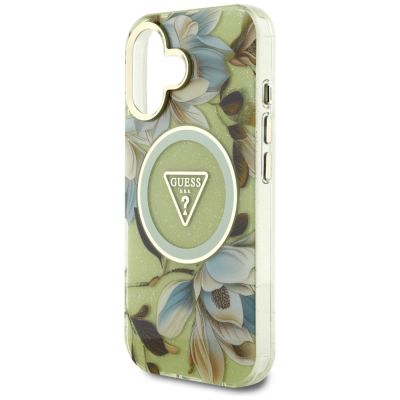 6. Etui Guess Glitter Flowers Triangle Buttons MagSafe do iPhone 16 zielony