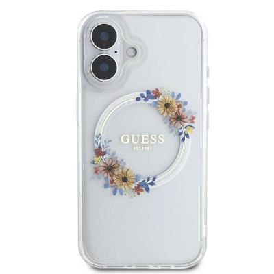 3. Etui Guess IML Flowers Wreath MagSafe na iPhone 16 - przezroczyste