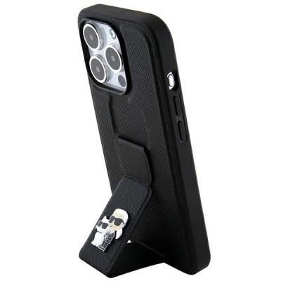 8. Etui Karl Lagerfeld Gripstand Saffiano Karl&Choupette Pins na iPhone 14 Pro - czarne