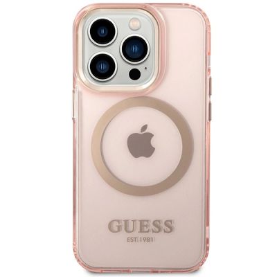 3. Etui Guess Gold Outline Translucent MagSafe na iPhone 14 Pro Max - różowe