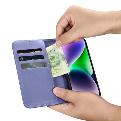 12. iCarer Wallet Case 2in1 etui iPhone 14 Plus skórzany pokrowiec z klapką Anti-RFID jasnofioletowy (WMI14220727-LP)