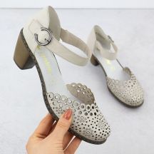 Skórzane sandały damskie na słupku beżowe Rieker 40902-60