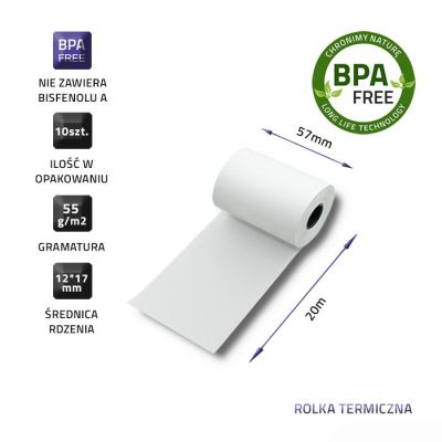 3. QOLTEC ROLKA TERMICZNA 57X20 | 55G/M2 | 10SZT | BPS FREE