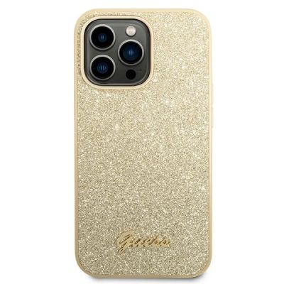 3. Etui Guess Glitter Script na iPhone 14 Pro - złote