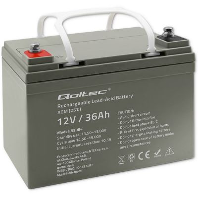 9. Qoltec  Akumulator AGM | 12V | 36Ah | Bezobsługowy | Wydajny | LongLife | do UPS, skutera