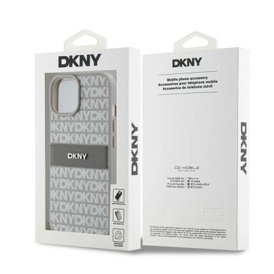 8. Etui DKNY Leather Mono Stripe & Metal Logo na iPhone 15 / 14 / 13 - beżowe