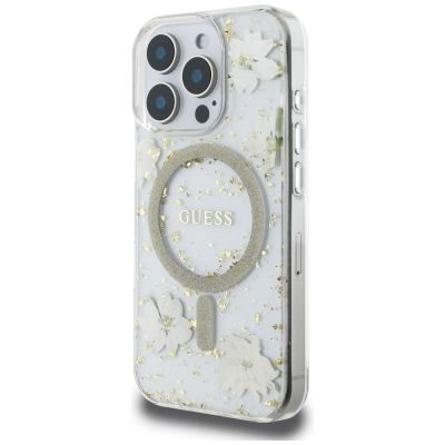 2. Etui Guess Resin Flowers Glitter MagSafe na iPhone 16 Pro - beżowe