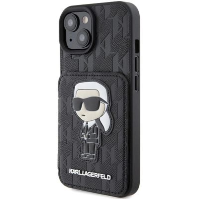 2. Etui Karl Lagerfeld Saffiano Cardslots and Stand Monogram Ikonik Patch do iPhone 15 - czarne