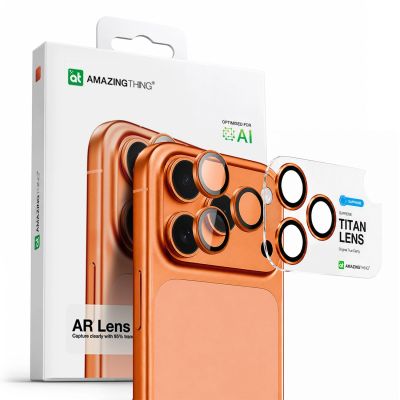 6. Szkło na obiektyw AMAZINGTHING AR Sapphire na iPhone 17 Pro / Pro Max - z pomarańczową ramką