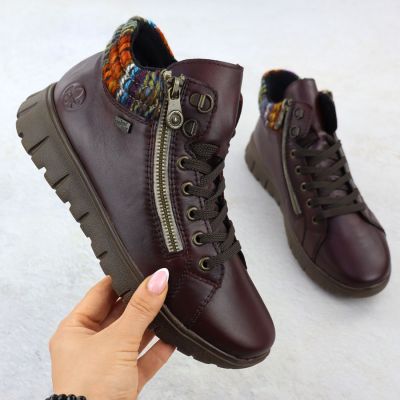 2. Skórzane botki damskie trapery bordowe Rieker N1305-35