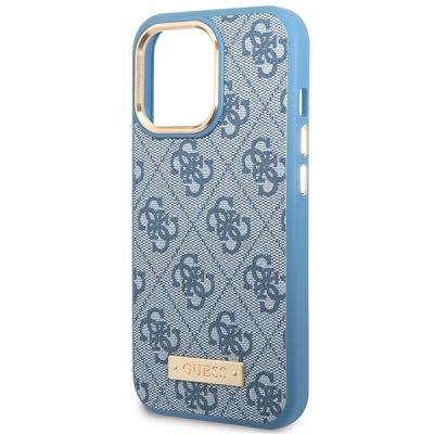6. Etui Guess 4G Logo Plate MagSafe na iPhone 14 Pro - niebieskie
