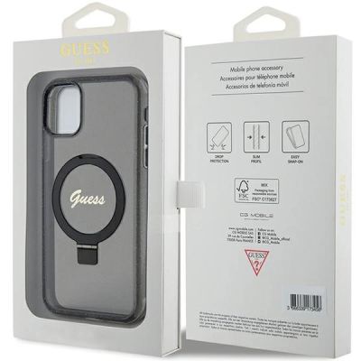 8. Etui Guess Ring Stand Script Glitter MagSafe na iPhone 11 / Xr - czarne