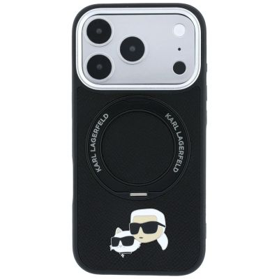 3. Etui Karl Lagerfeld with Ring Stand 360 Karl & Choupette Heads Pin MagSafe na iPhone 18 Pro / 17 Pro - czarne