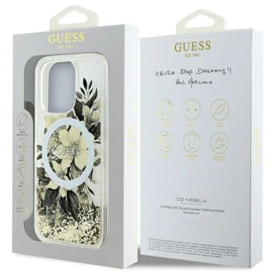 8. Etui Guess Liquid Glitter Flower MagSafe na iPhone 16 Pro - beżowe