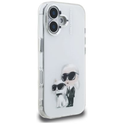4. Etui Karl Lagerfeld IML Aquarelle Karl & Choupette & Logo na iPhone 16 - białe