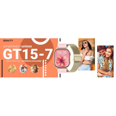 10. Smartwatch Gravity GT15-7 Różowy Pasek Silikonowy + Złota Bransoleta