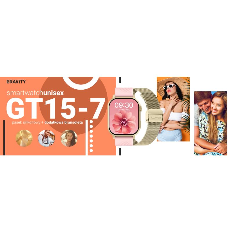 10. Smartwatch Gravity GT15-7 Różowy Pasek Silikonowy + Złota Bransoleta