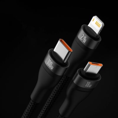 11. Baseus Flash Series II kabel USB - USB Typ C / Lightning / micro USB 100 W 1,2 m czarny (CASS030001)