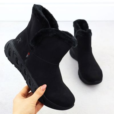 2. Wodoodporne śniegowce damskie botki z futerkiem wsuwane czarne Rieker M6554-00