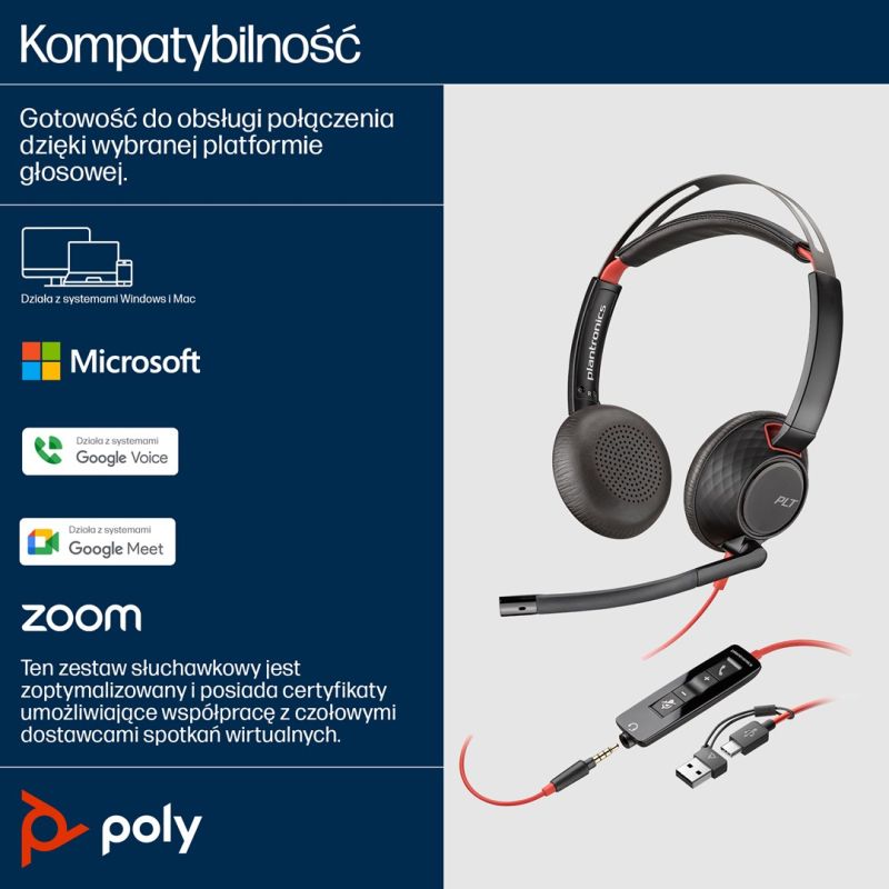 144. Słuchawki Poly Blackwire 5220 Stereo USB-C Headset +3.5mm Plug +USB-C/A Adapter 8X231AA