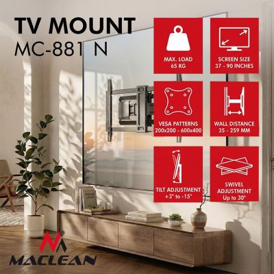 18. MACLEAN UCHWYT / WIESZAK DO TELEWIZORA, MAX. VESA 600X400, 37-90", MAX. OBCIĄŻENIE 65KG, CZARNY MC-881 N
