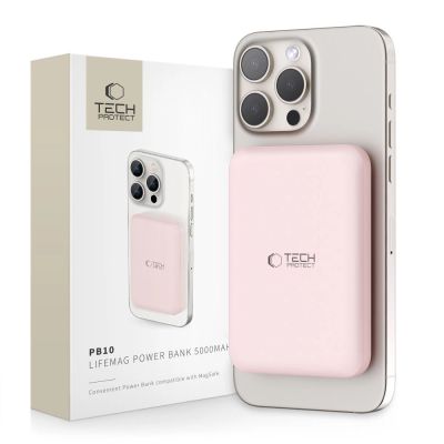 Powerbank Tech-Protect LifeMag PB10 z MagSafe 5000mAh 15W port USB-C - różowy + kabel USB-C