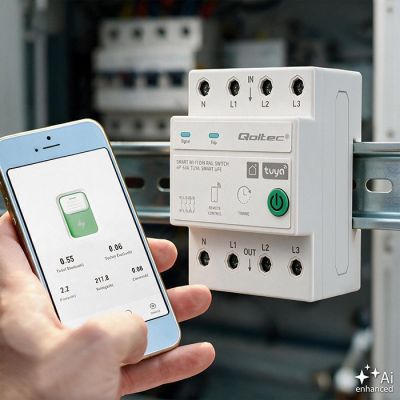 5. Qoltec Trójfazowy przekaźnik 63A na szynę DIN | 3P+N | Timer | Wi-Fi | Tuya | Smart Life | Amazon Alexa | 4P