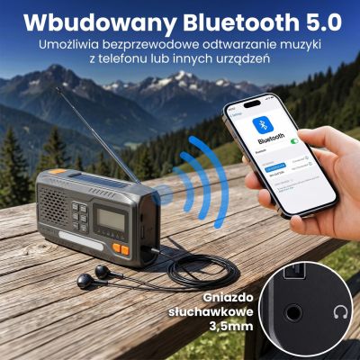 9. Extralink RADIO AWARYJNE BLUETOOTH SOLARNE Z KORBKA DYNAMO POWERBANK 4000MAH Z LATARKA SOS BT-4000 Przenośny Analogowe i cyfrowe Czarny, Pomarańczowy