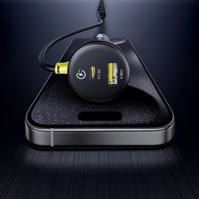 11. Ładowarka samochodowa Baseus Circular 60W USB-A + USB-C z wbudowanym kablem Lightning + USB-C 1,4 m - czarna