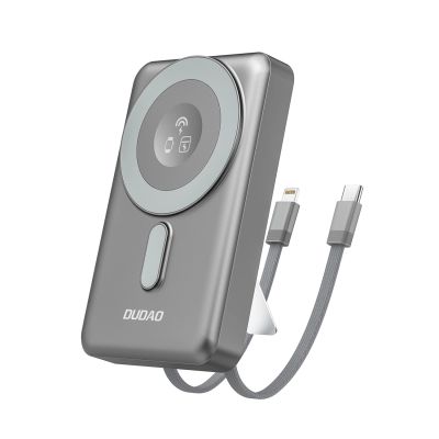 Powerbank Dudao K29 10000mAh PD 20W z MagSafe z metalową obudową, podstawką i wbudowanymi kablami USB-C/Lightning - szary