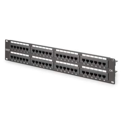 7. Digitus Panel krosowy (patch panel) 19'' 48x RJ45, LSA pion, kat.6, nieekranowany, 2U, czarny, prowadnica kabli, pola opisowe