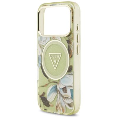 6. Etui Guess IML Glitter Flowers Triangle MagSafe na iPhone 17 Pro Max - zielone