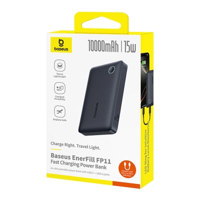 7. Powerbank Baseus EnerFill FP11 10000mAh 15W (z czarnym kablem Simple USB-C - USB-C 20V/3A 30cm) - czarny