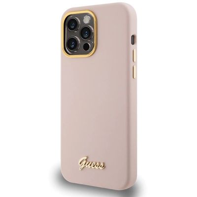 2. Etui Guess Silicone Script Metal Logo & Frame na iPhone 15 Pro - różowe