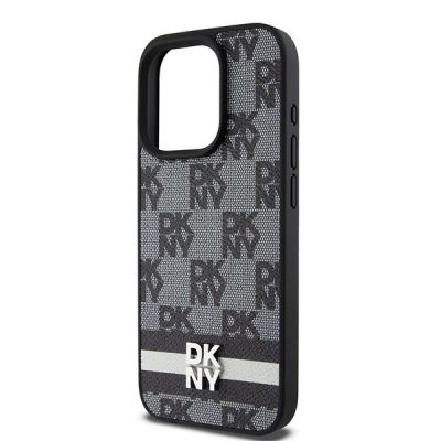6. Etui DKNY Leather Checkered Mono Pattern & Printed Stripes na iPhone 15 Pro - czarne