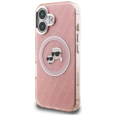 2. Etui Karl Lagerfeld IML Glitter Karl & Choupette Heads Logo MagSafe na iPhone 16 - różowe
