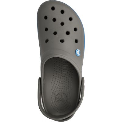 Klapki Crocs Crocband M 11016 w kolorze szarym z elementami w odcieniu białym i niebieskim, materiał Croslite, otwory na ozdoby Jibbitz