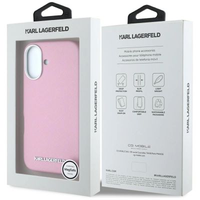 8. Etui Karl Lagerfeld Saffiano Full Wrapped Elongated Metal Logo MagSafe na iPhone 16 - różowe