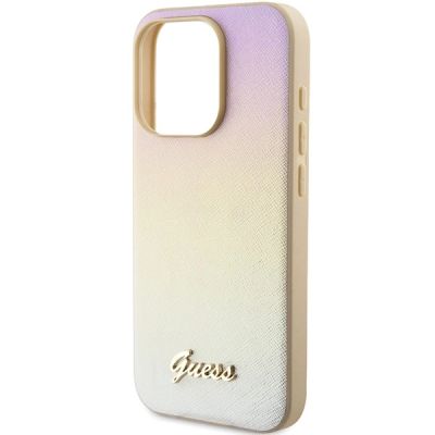 6. Etui Guess Saffiano Iridescent Script na iPhone 15 Pro - złote