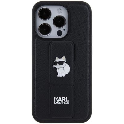 4. Etui Karl Lagerfeld Gripstand Saffiano Choupette Pins na iPhone 15 Pro Max - czarne