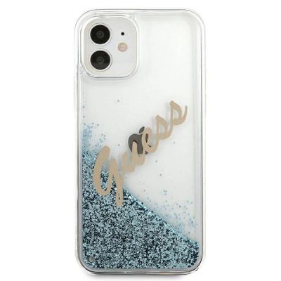 3. Etui Guess Glitter Vintage Script na iPhone 12 mini - niebieskie