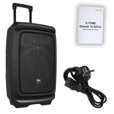 34. V-TONE OrionX 14 ACCU - Kolumna aktywna akumulatorowa czarna, Bluetooth, TWS, USB, AUX, FM, DSP, wysuwana rączka, kółka transportowe, 135W RMS