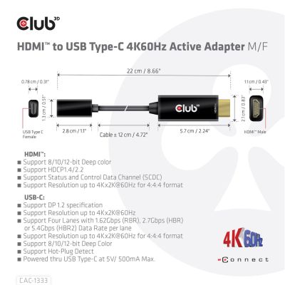 4. CLUB 3D CAC-1333 adapter kablowy 0,22 m HDMI Typu A (Standard) USB Type-C Czarny