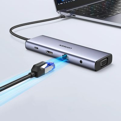 4. Hub Ugreen USB-C 10w1 USB-C HDMI Ethernet USB-A 5GB/s SD/TF minijack- szary