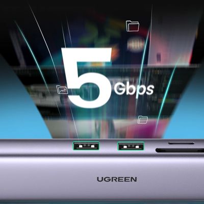 13. Adapter Ugreen CM512 90568 USB-C - 2x USB-A 3.0 / HDMI / RJ45 / czytnik kart SD i TF / USB-C PD 100W - szary