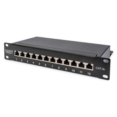 Digitus Panel krosowy (patch panel) 10'' 12x RJ45, LSA poziom, kat.6A, ekranowany, 1U, czarny, prowadnica kabli