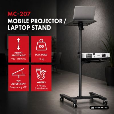 MACLEAN STOLIK MOBILNY DO PROJEKTORA/LAPTOPA REGULOWANY, STALOWY MAX.10KG MC-207